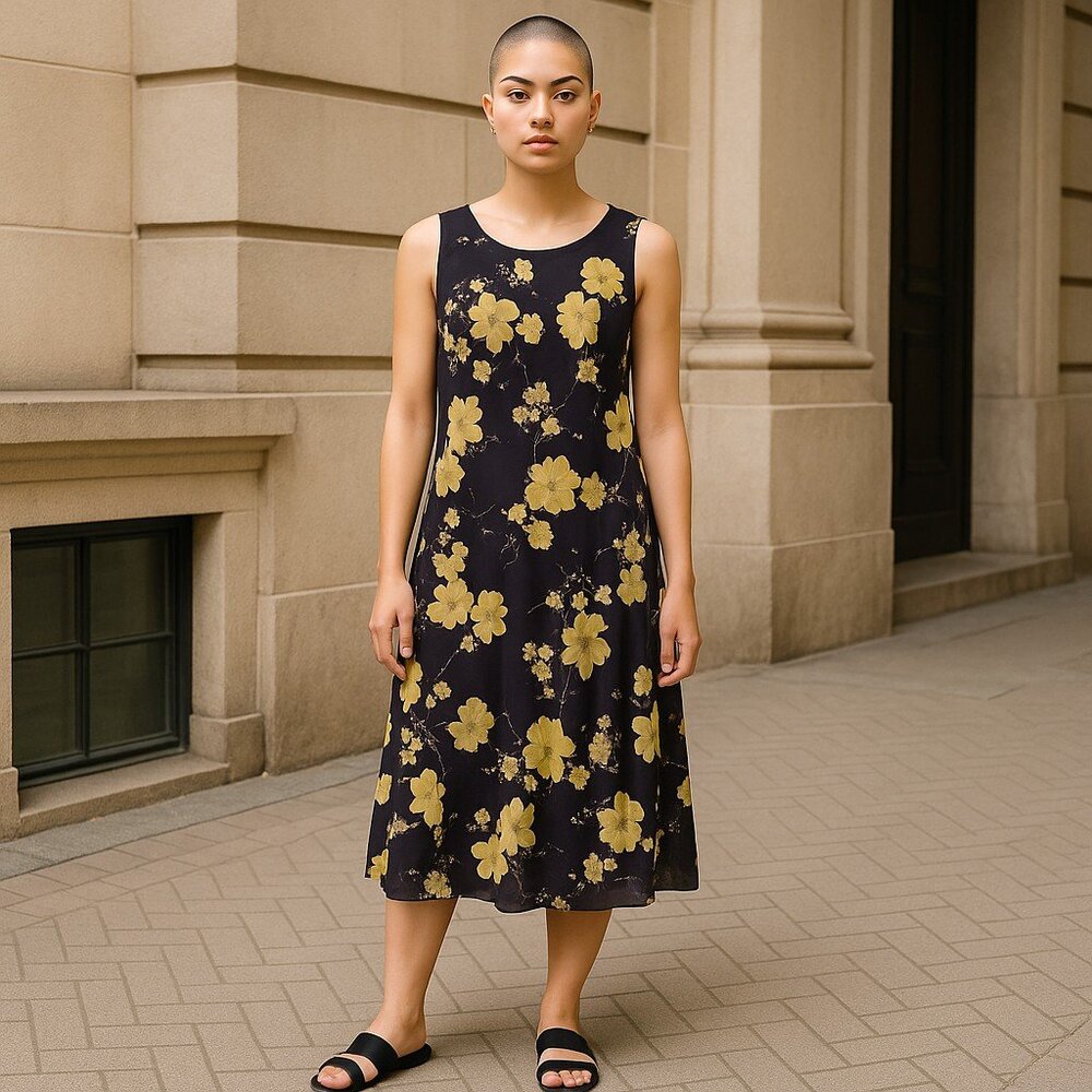 Vintage 90s Y2K Black Pastel Yellow Sleeveless A Line Midi Dress Tailored Grunge